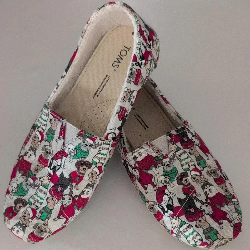 TOMS Belmont Christmas Holiday Sweater Dogs Slip On Flats - Picture 1 of 4